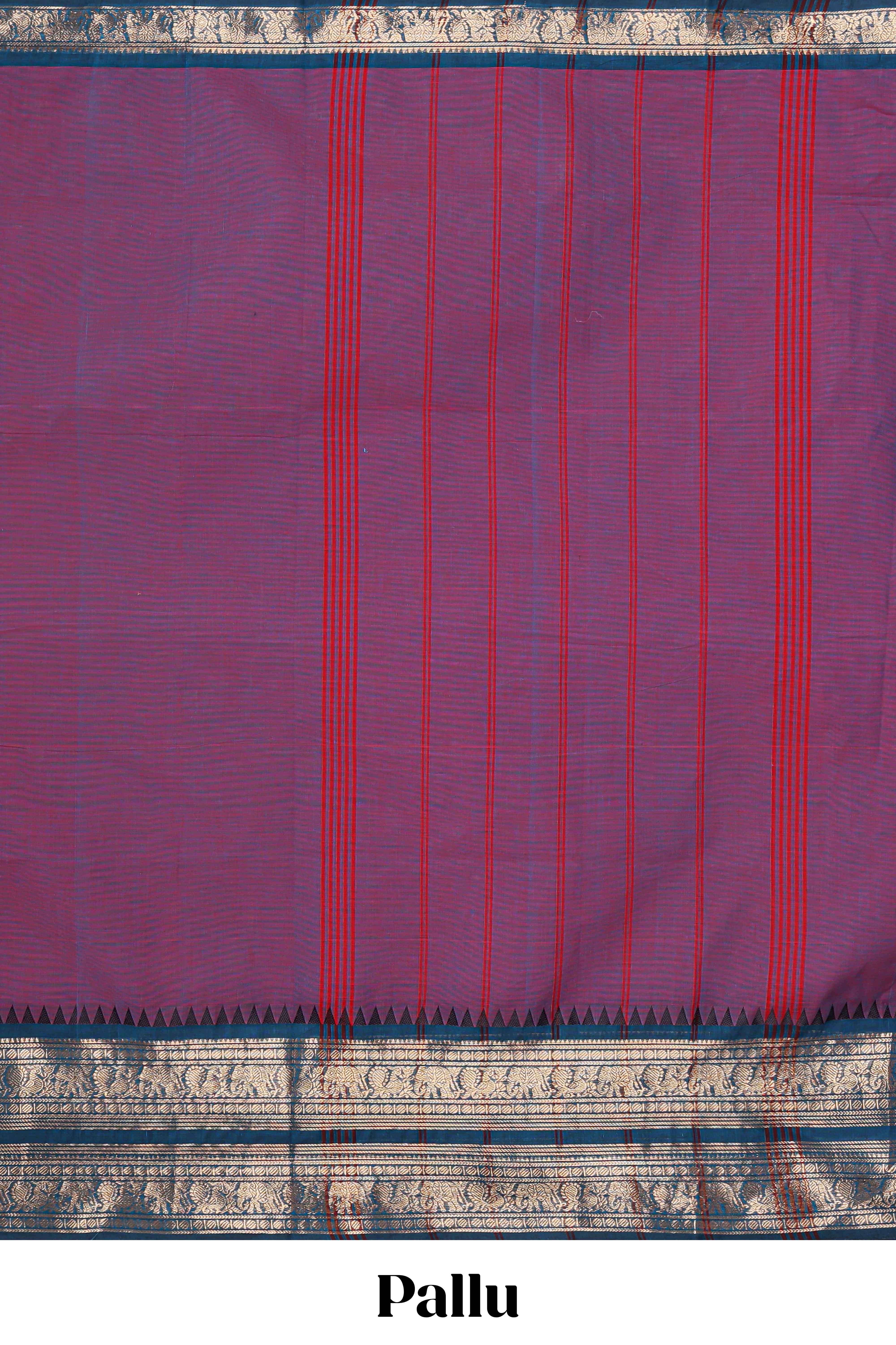 Purple plain narayanapet cotton saree with contrast zari bendex border and stripe pallu