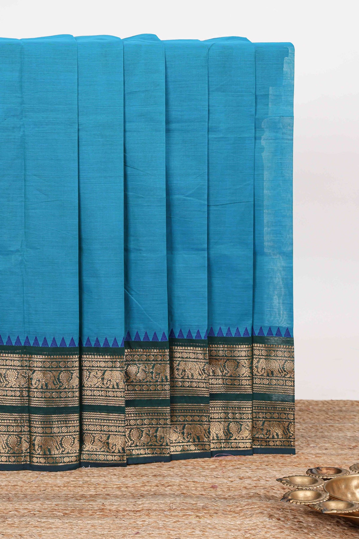 Blue plain narayanapet cotton saree with contrast zari bendex border and stripe pallu