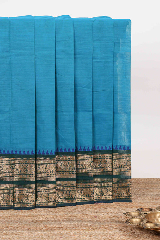 Blue plain narayanapet cotton saree with contrast zari bendex border and stripe pallu