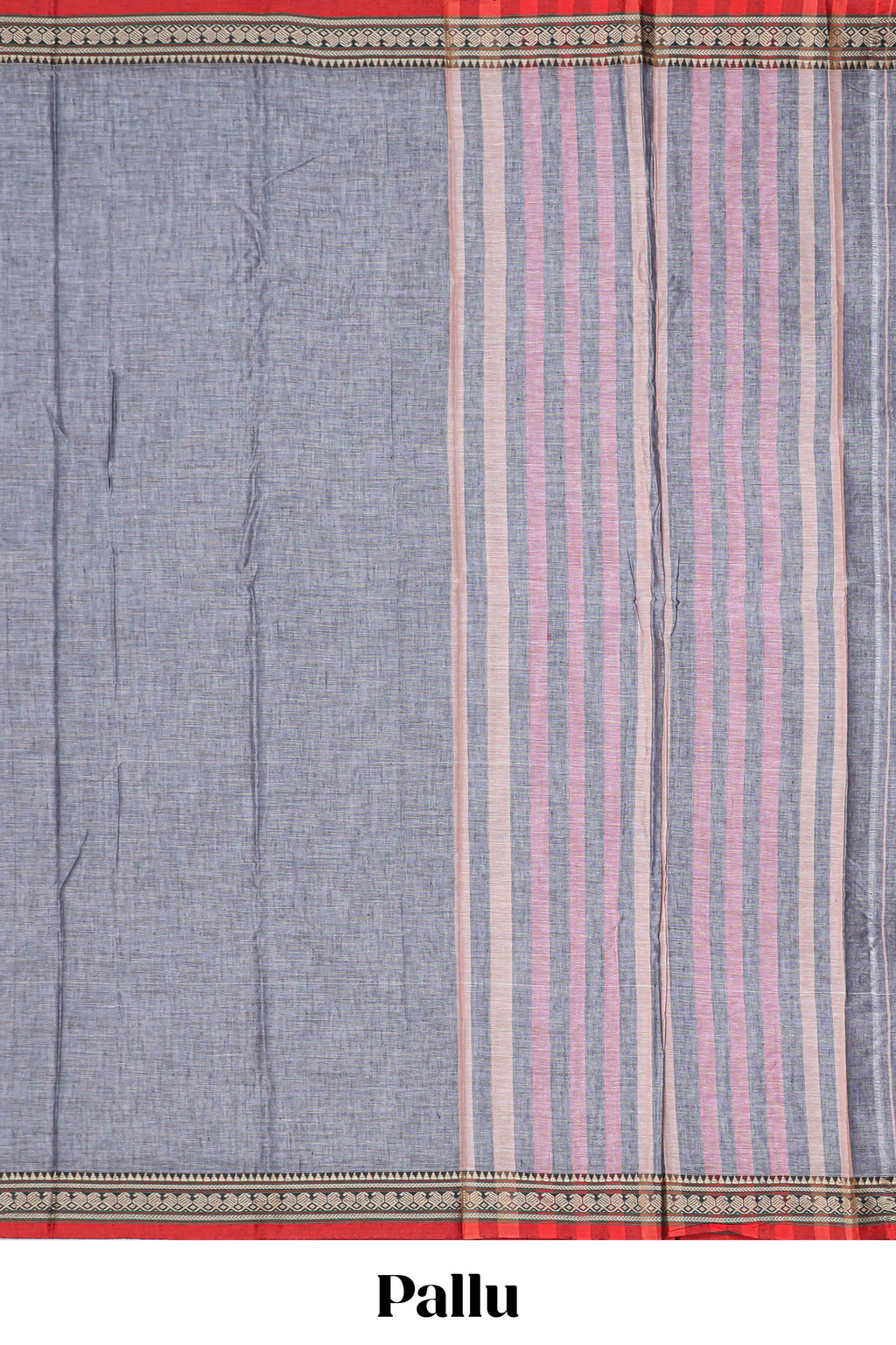 Light grey plain narayanapet cotton saree with contrast temple border and stripe pallu