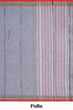 Light grey plain narayanapet cotton saree with contrast temple border and stripe pallu