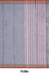 Light grey plain narayanapet cotton saree with contrast temple border and stripe pallu