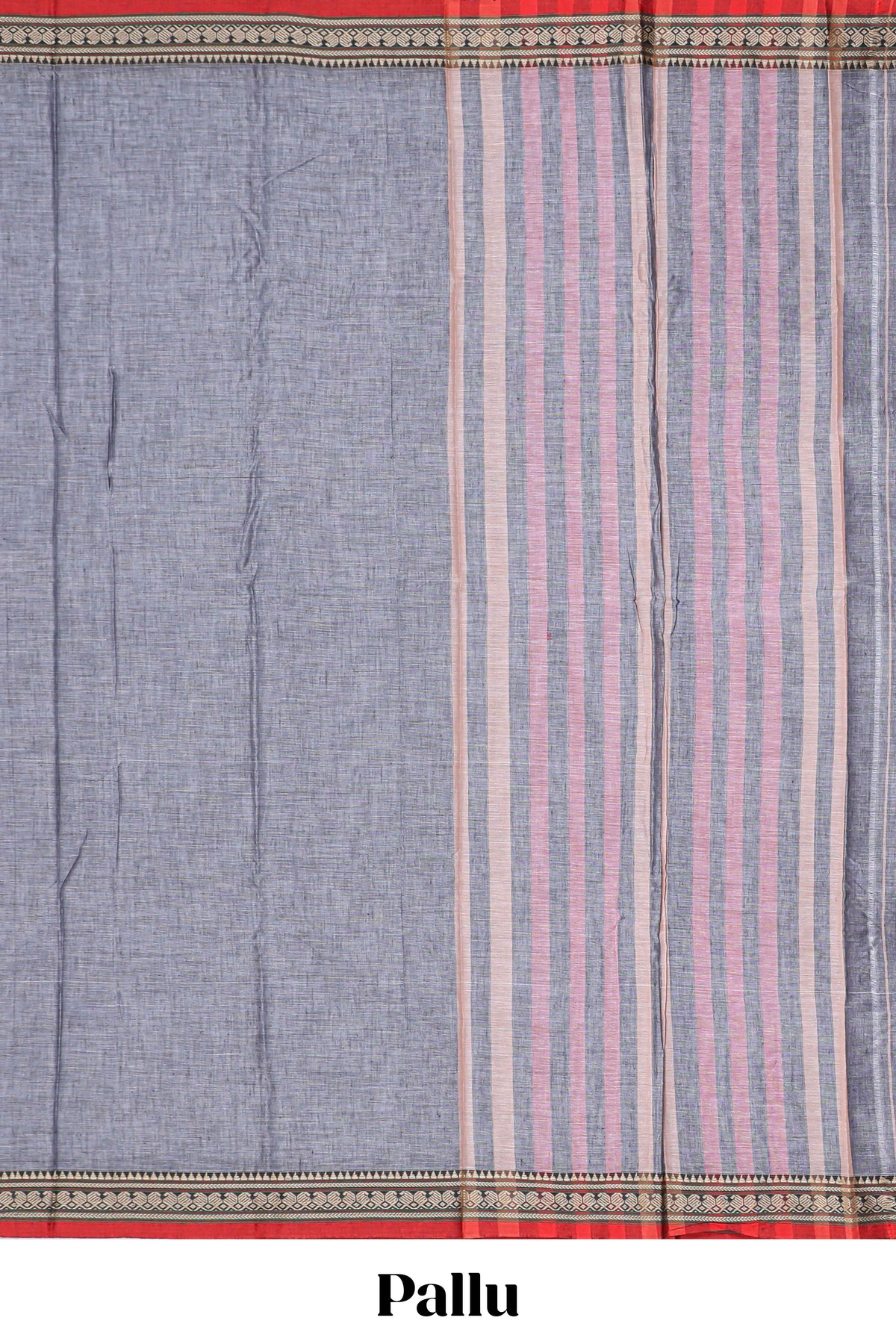 Light grey plain narayanapet cotton saree with contrast temple border and stripe pallu