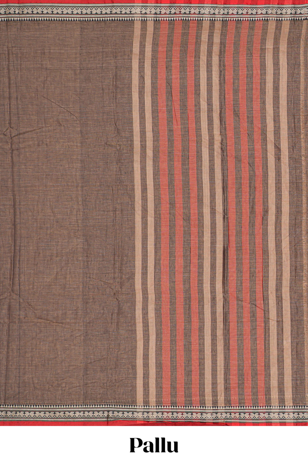 Brown plain narayanapet cotton saree with contrast temple border and stripe pallu