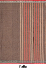 Brown plain narayanapet cotton saree with contrast temple border and stripe pallu