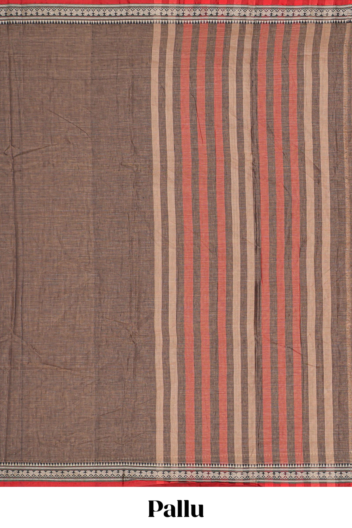 Brown plain narayanapet cotton saree with contrast temple border and stripe pallu