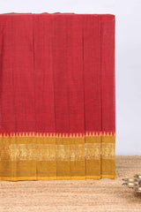 Red plain narayanapet cotton saree with contrast border and stripe pallu