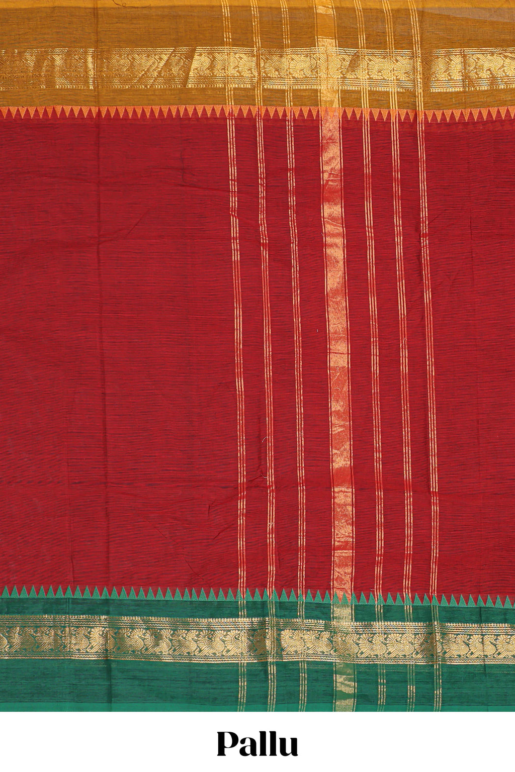 Red plain narayanapet cotton saree with contrast border and stripe pallu