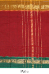 Red plain narayanapet cotton saree with contrast border and stripe pallu