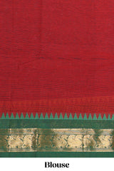 Red plain narayanapet cotton saree with contrast border and stripe pallu