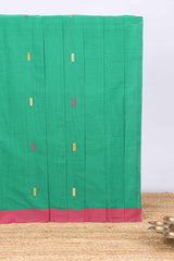 Green geometric butta narayanapet cotton saree with contrast border and crane birds & lotus design pallu