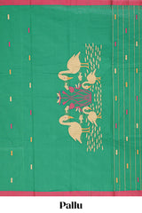 Green geometric butta narayanapet cotton saree with contrast border and crane birds & lotus design pallu