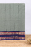 Grey plain narayanapet cotton saree with contrast bentex border and striped pallu