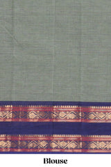 Grey plain narayanapet cotton saree with contrast bentex border and striped pallu