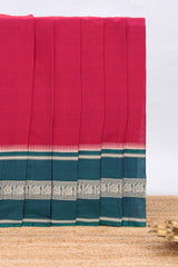 Red plain narayanapet cotton saree with contrast border and matching blouse