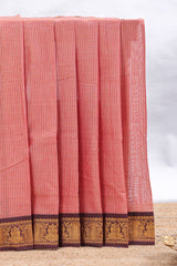 Peach striped narayanapet cotton saree with contrast zari border and matching striped blouse