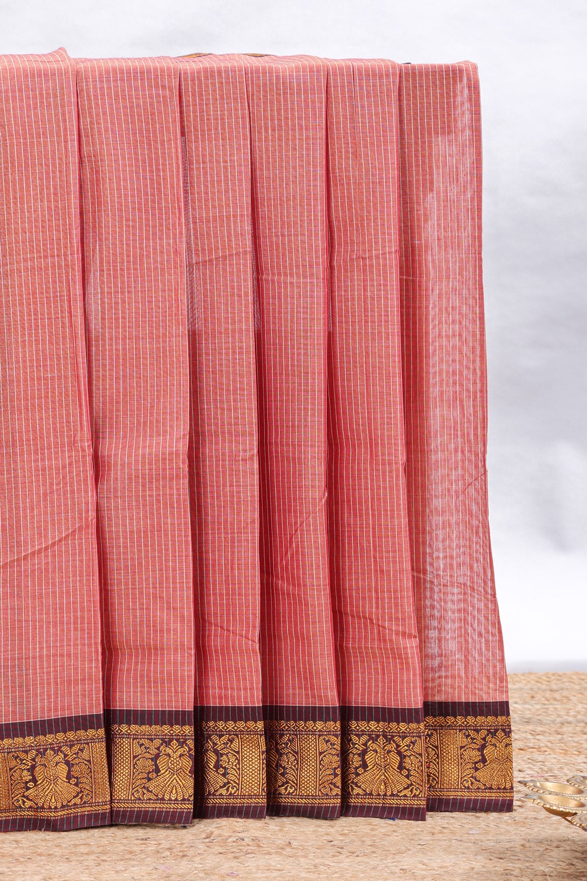 Peach striped narayanapet cotton saree with contrast zari border and matching striped blouse