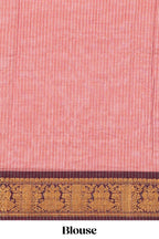 Peach striped narayanapet cotton saree with contrast zari border and matching striped blouse
