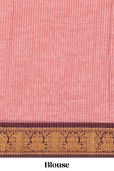 Peach striped narayanapet cotton saree with contrast zari border and matching striped blouse