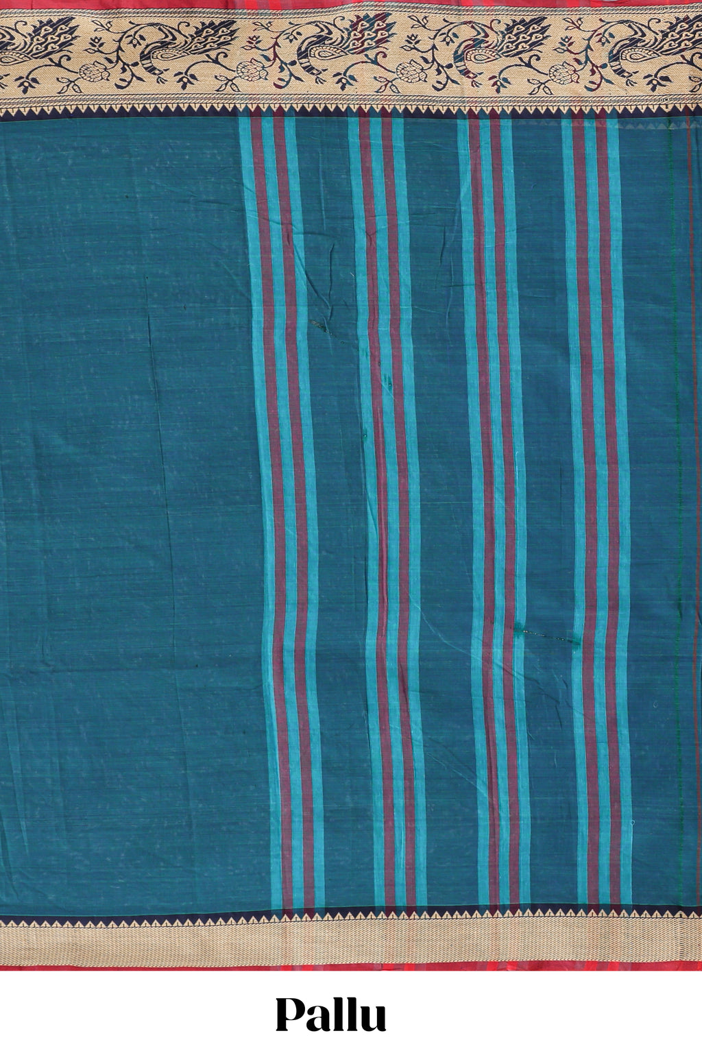 Teal blue plain narayanapet cotton saree with contrast peacock design border and matching blouse