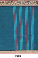 Teal blue plain narayanapet cotton saree with contrast peacock design border and matching blouse