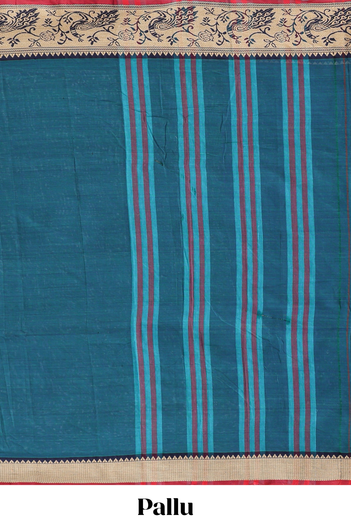 Teal blue plain narayanapet cotton saree with contrast peacock design border and matching blouse