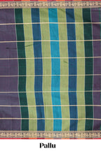 Dark grey striped narayanapet cotton saree with contrast border and matching striped blouse
