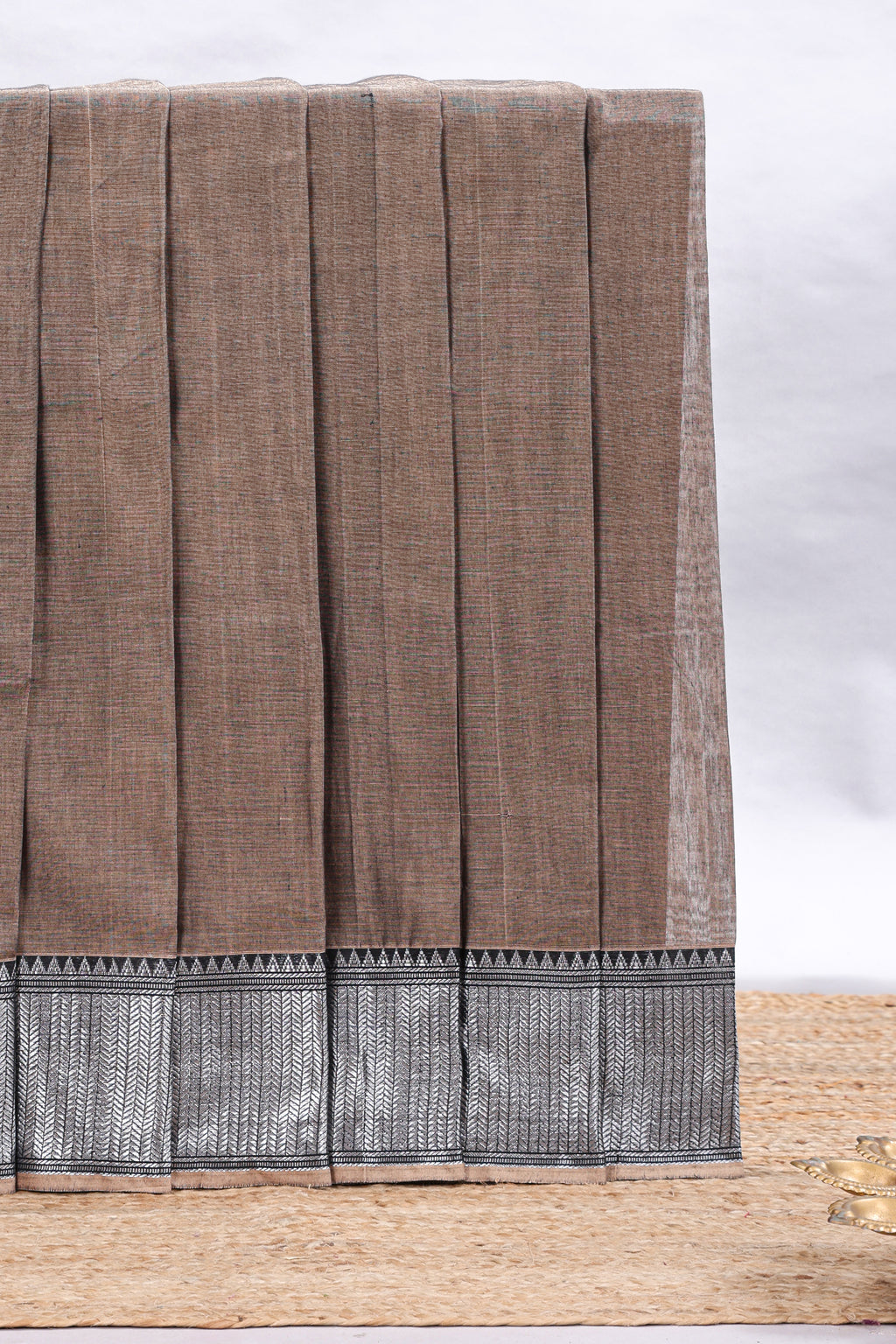 Brown plain narayanapet cotton saree with contrast silver zari border and matching blouse