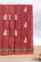 Rust red ethnic dancing doll motifs narayanapet cotton saree with contrast border and matching blouse