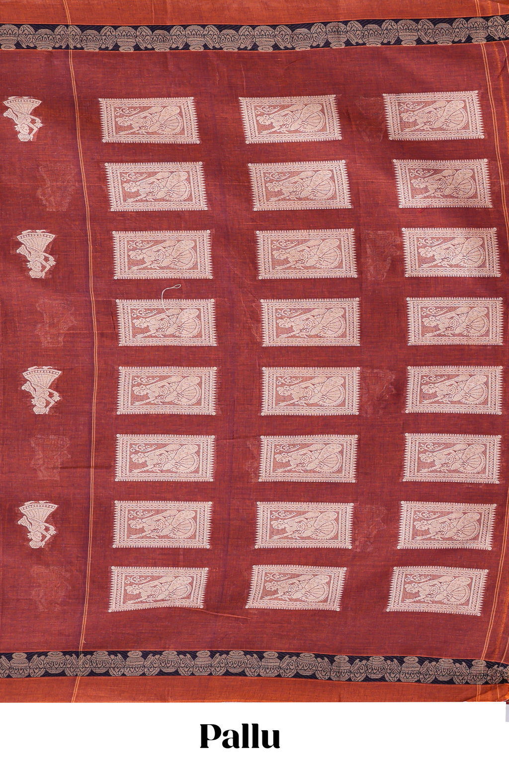 Rust red ethnic dancing doll motifs narayanapet cotton saree with contrast border and matching blouse