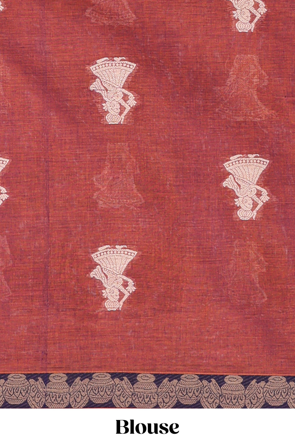 Rust red ethnic dancing doll motifs narayanapet cotton saree with contrast border and matching blouse