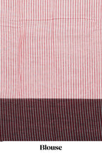 Grey plain narayanapet cotton saree with contrast border and striped blouse