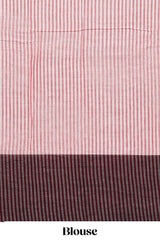 Grey plain narayanapet cotton saree with contrast border and striped blouse