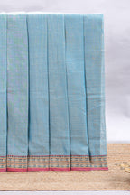 Blue plain narayanapet cotton saree with contrast border and matching blouse