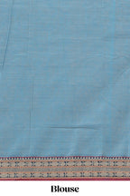Blue plain narayanapet cotton saree with contrast border and matching blouse
