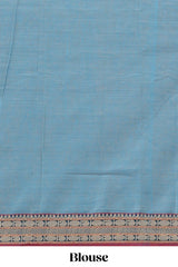 Blue plain narayanapet cotton saree with contrast border and matching blouse