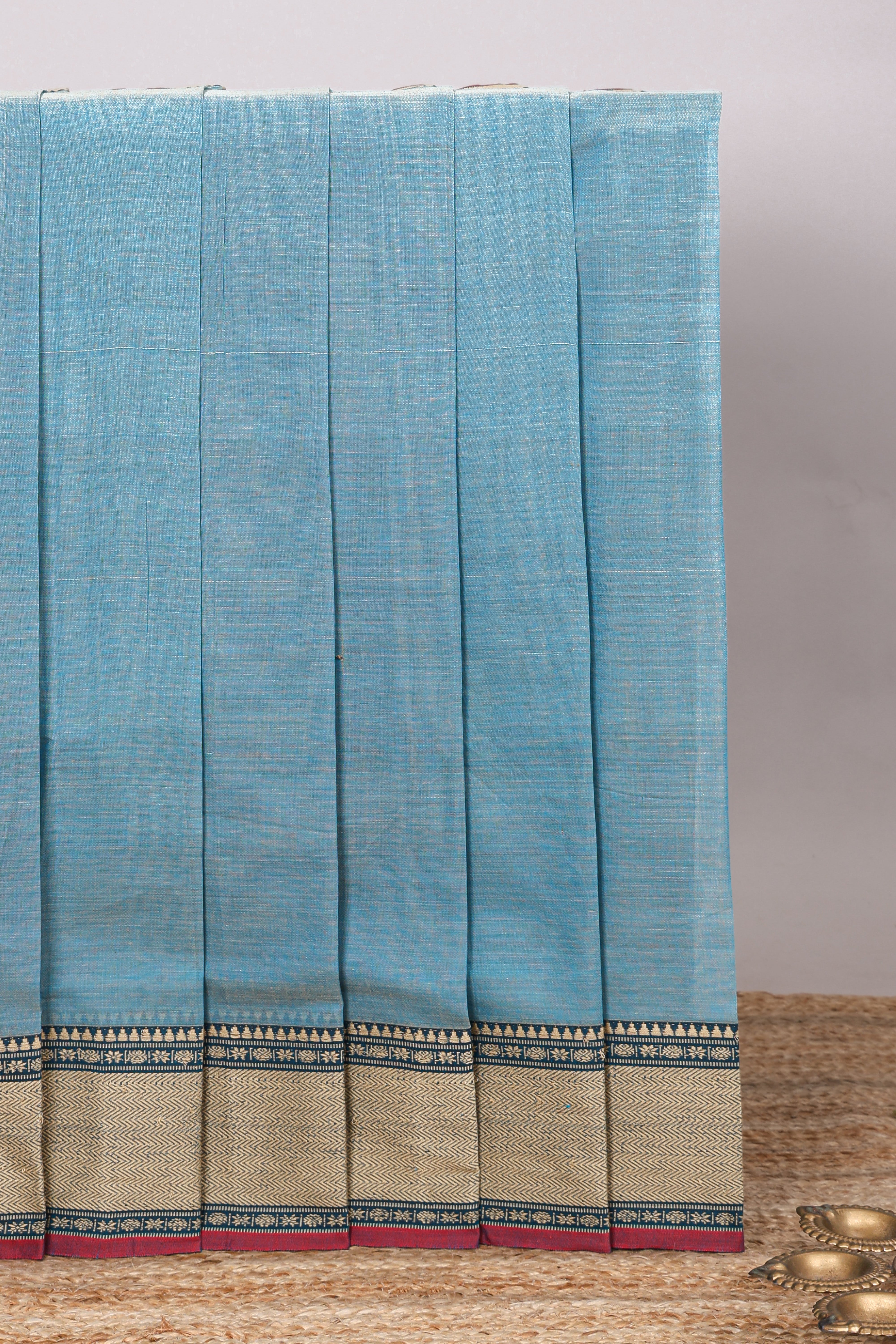 Blue plain narayanapet cotton saree with contrast thread weave border and matching blouse