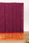 Deep maroon butta designed narayanapet cotton saree with contrast zari border and matching pallu