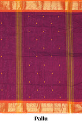Deep maroon butta designed narayanapet cotton saree with contrast zari border and matching pallu