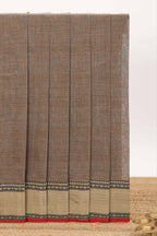 Earthy brown plain narayanapet cotton saree with contrast border and multicolor pallu