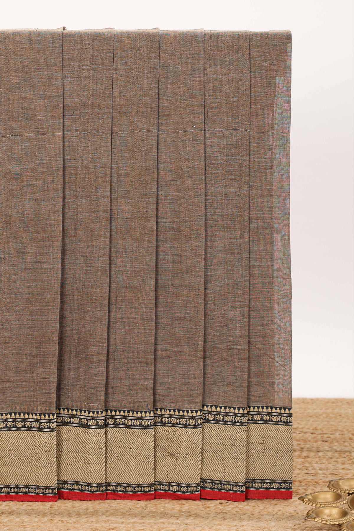 Earthy brown plain narayanapet cotton saree with contrast border and multicolor pallu
