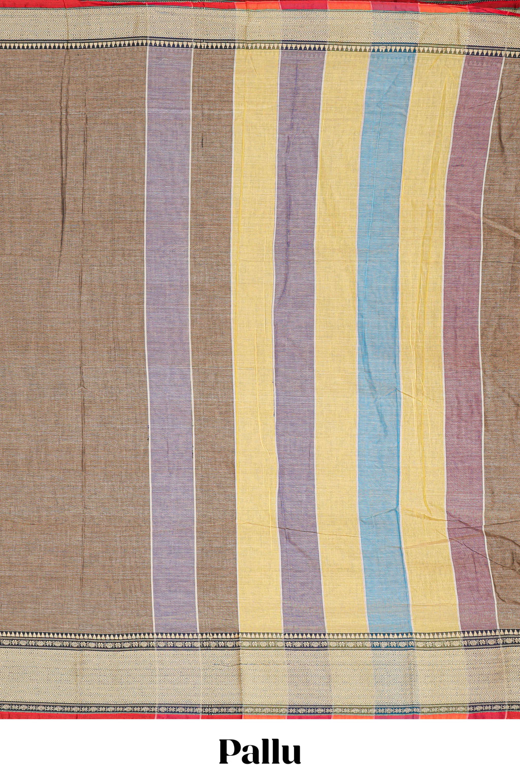 Earthy brown plain narayanapet cotton saree with contrast border and multicolor pallu