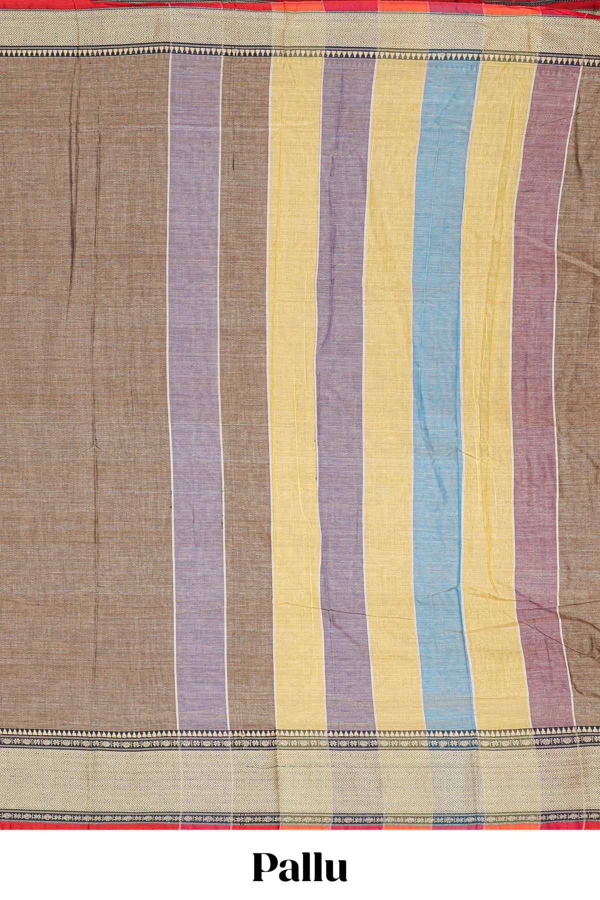 Earthy brown plain narayanapet cotton saree with contrast border and multicolor pallu