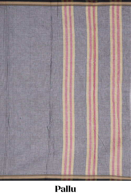 Grey plain narayanapet cotton saree with contrast border and matching pallu