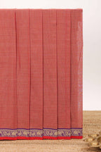 Peach plain narayanapet cotton saree with contrast elephant motifs border and matching pallu