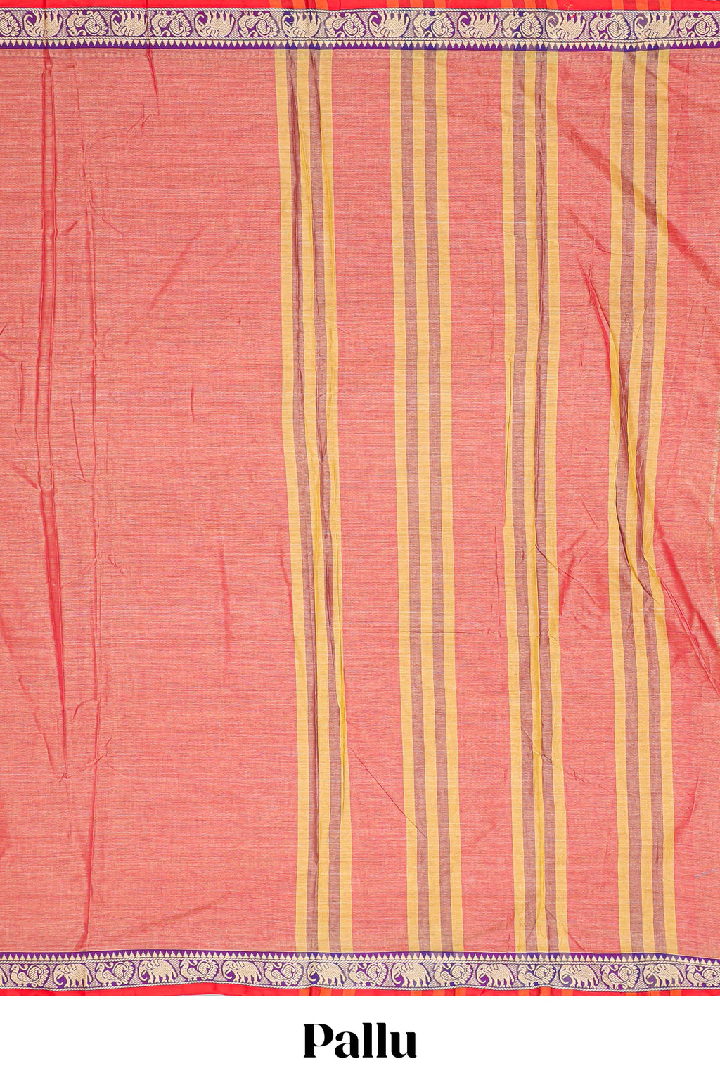 Peach plain narayanapet cotton saree with contrast elephant motifs border and matching pallu