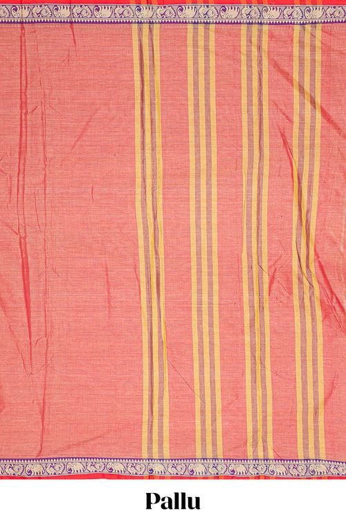 Peach plain narayanapet cotton saree with contrast elephant motifs border and matching pallu