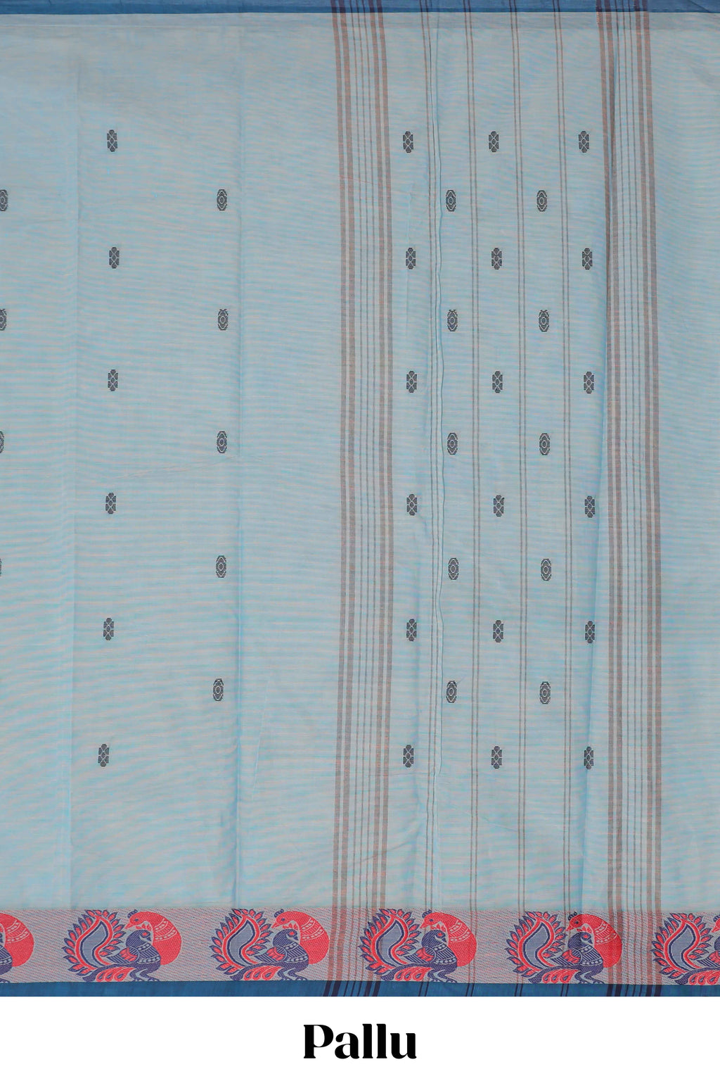 Light blue Butta designed narayanapet cotton saree with contrast peacock motifs border and matching pallu