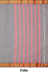 Grey plain narayanapet cotton saree with contrast border and matching blouse