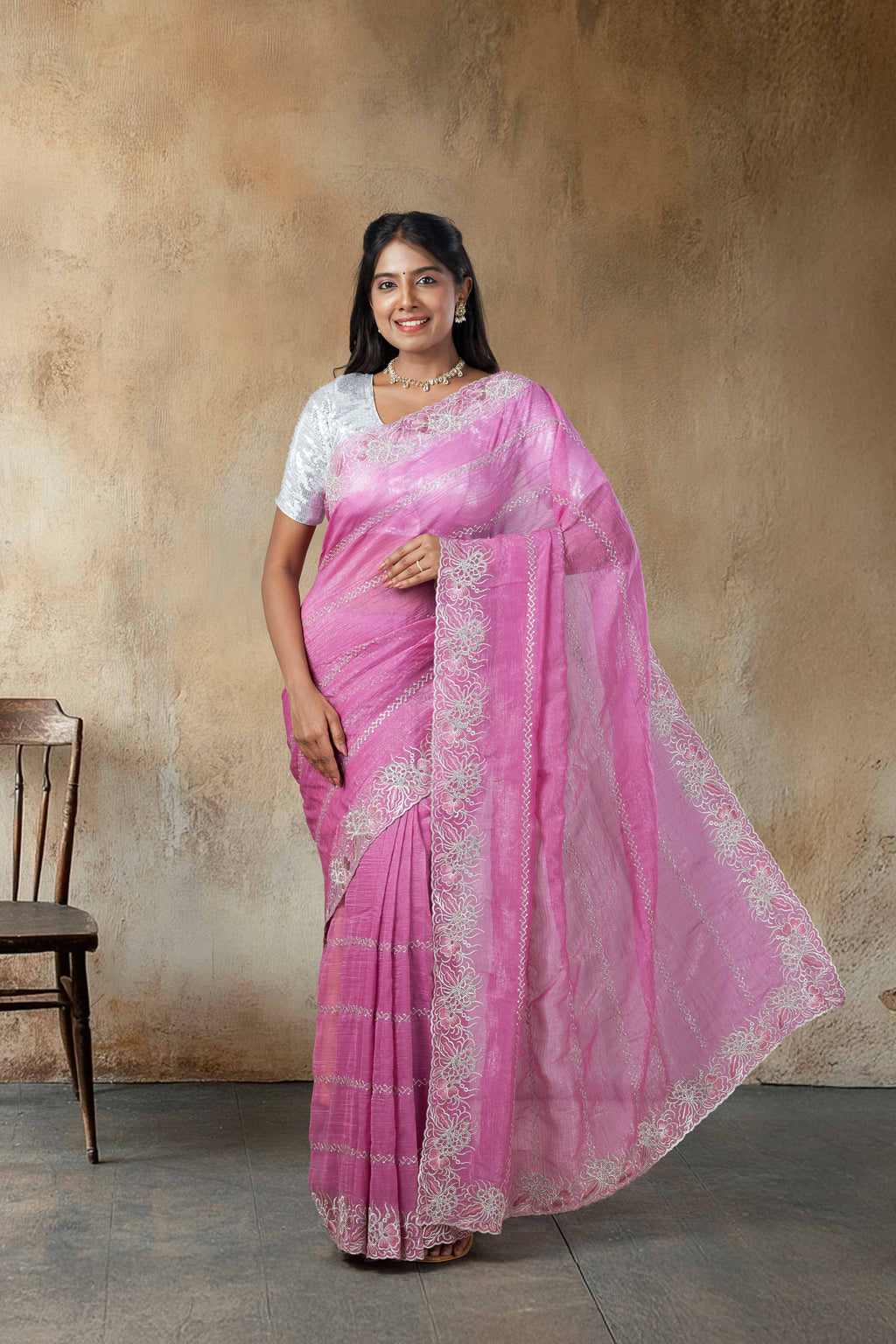 designer fancy saree  silver thread machine  Embroidery With Stone